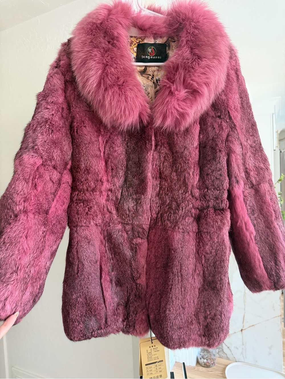 NWT Fengmuoni Pink Rabbit Fur Coat Genuine Fox Fur Collar Jacket